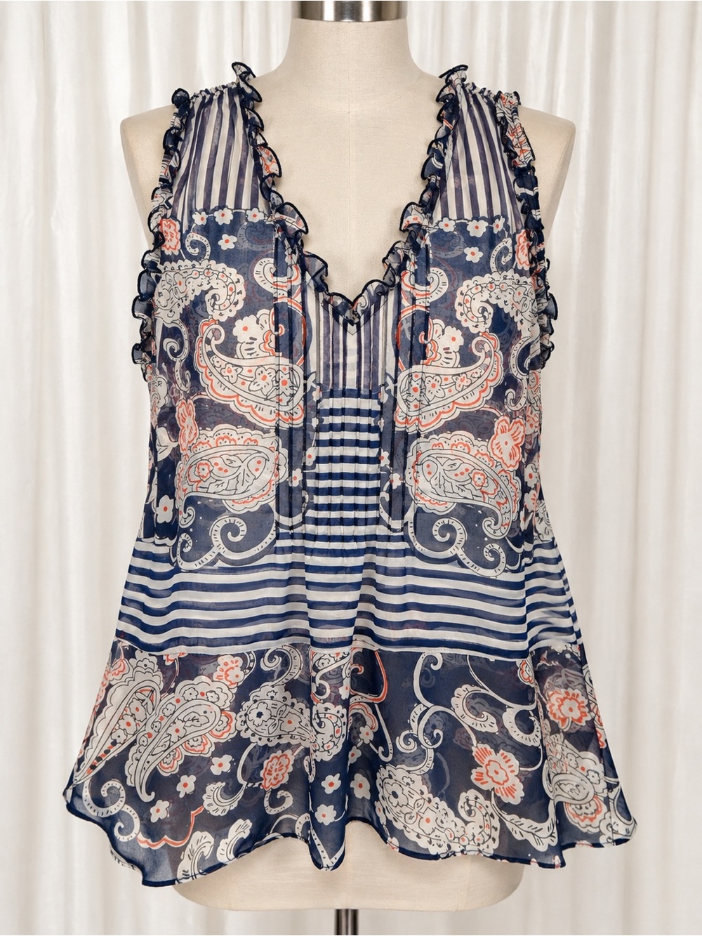 CAbi style #5349 Navy and Coral Paisley Ruffle V-Neck Camisole
